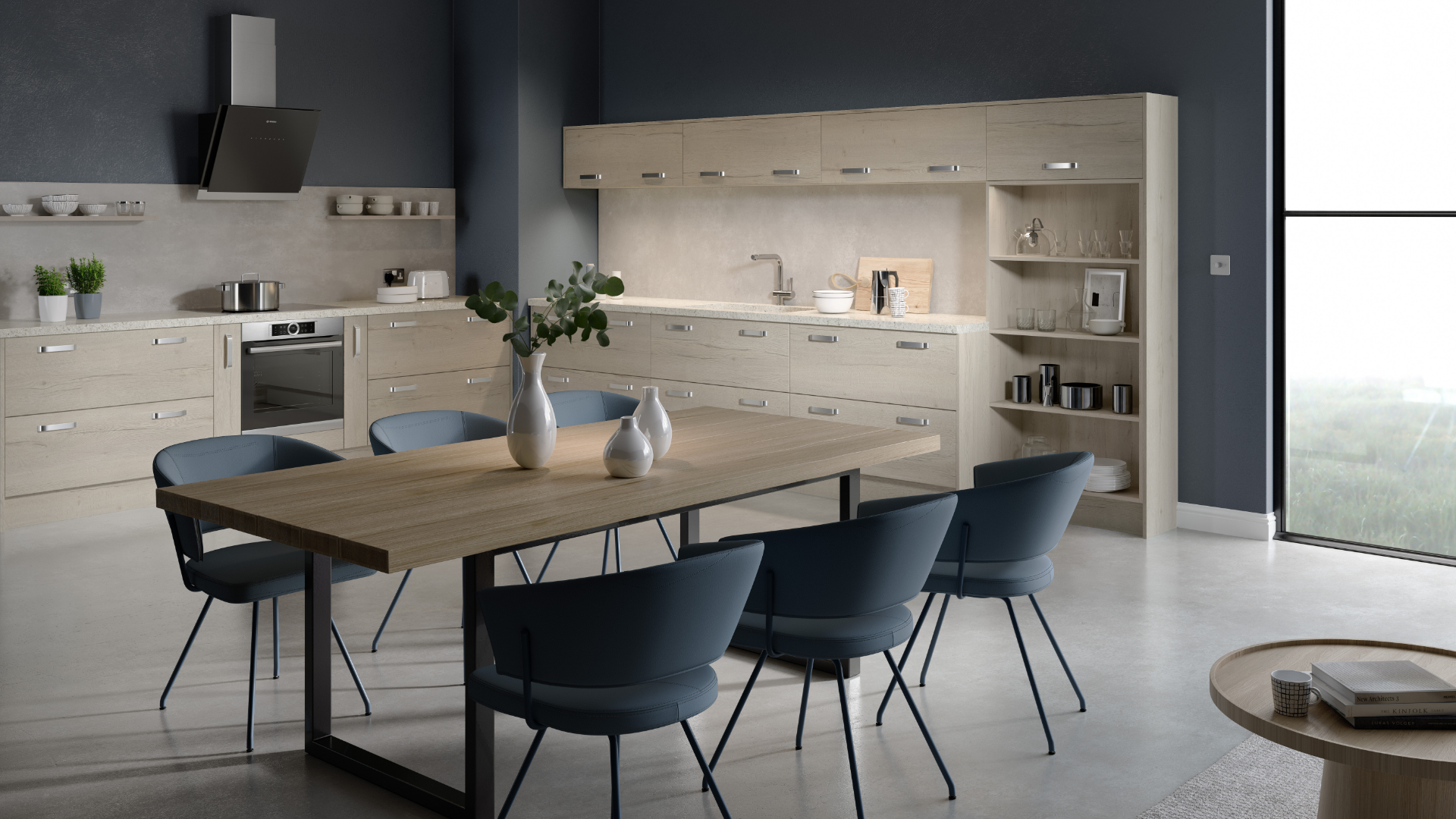 Linear kitchen in white and Halifax oak